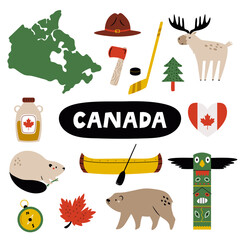 Canada Icon Set. Cute Canadian Symbols, Nature Elements and Map Vector for Stickers, Prints, Travel Designs.