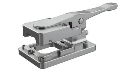 Precision metallic industrial device, a robust specialized clamping or punching tool with a lever mechanism, rendered in detail and isolated on transparent background