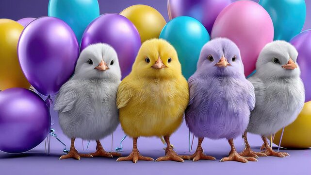 Four adorable, fluffy baby chicks in festive colors standing in a row and blinking their eyes, with a background of vibrant party balloons, perfect for any Easter or spring celebration