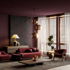 Dark moody japandi interior featuring deep burgundy tones, sculptural lighting, rich textures and modern luxury balance creating an atmospheric cinematic living space. 3D illustration