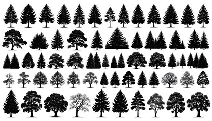 A variety of stylized tree silhouettes in black and white, various shapes and sizes