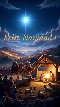 Tarjeta de Navidad con texto animado &laquo;Feliz Navidad&raquo; sobre un fondo navide&ntilde;o: Mar&iacute;a, Jos&eacute; y el ni&ntilde;o Jes&uacute;s en un pesebre bajo una estrella, los Reyes Magos