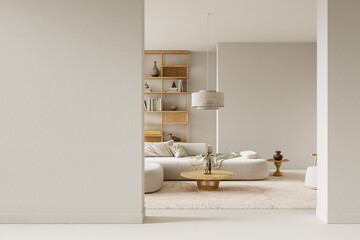 Warm textures and natural materials define this minimal serene interior with generous negative space, soft daylight, and smooth fabrics for calm, modern compositions. 3D illustration