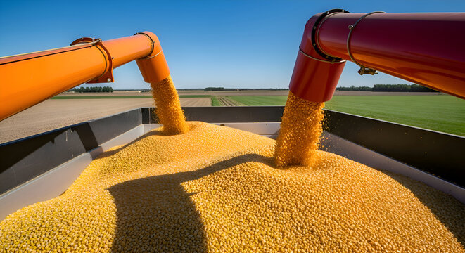 Harvesting golden corn kernels flowing from industrial augers into a truck trailer on a sunny day with green fields in the background