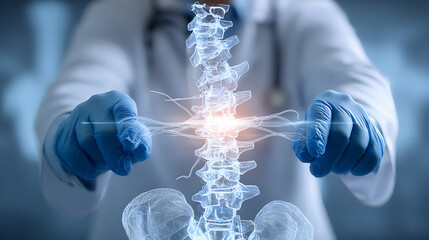 Doctor examining glowing spinal column with neural pathways medical healthcare