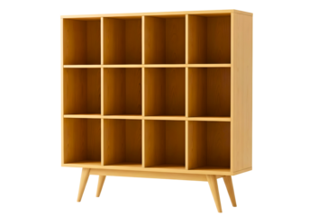 Light wooden cubby shelf with 12 compartments and tapered legs for home organization