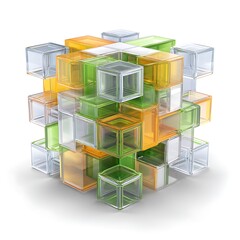 Obraz premium Complex geometric structure composed of translucent green, yellow, and clear cubes on a white background isolated on white background