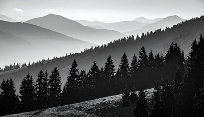 Black and white landscape of mountains and evergreen trees in layers of hazy fog