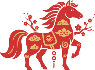 Vector illustration of a traditional Chinese red horse decorated with gold cloud patterns and plum blossoms, symbolizing the Lunar New Year zodiac.