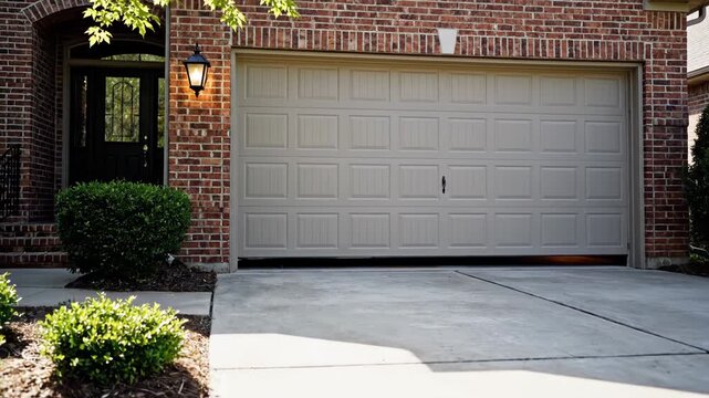 Exterior view of a suburban homes brick facade featuring a beige garage door and black front entry door on a sunny day