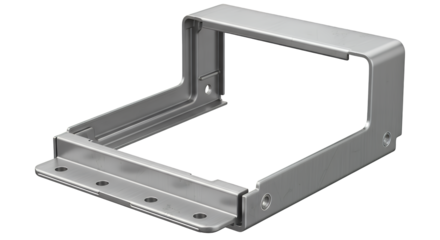 Realistic metal computer component support bracket for internal hardware installation, featuring a sturdy design and pre-drilled holes, isolated on transparent background