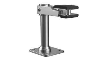 Realistic stainless steel glass clamp, a modern architectural hardware component with a mounting base, isolated on transparent background
