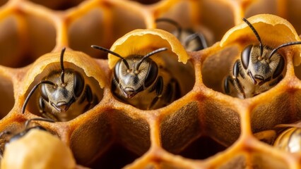 Honeybees emerging from hexagonal wax comb cells in detailed close-up macro photography showing bee faces and antenna