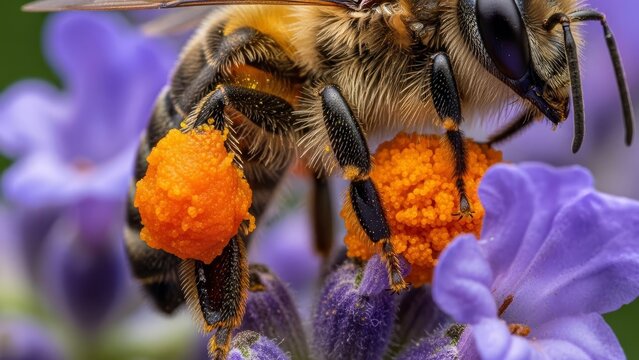 Honey bee covered in bright orange pollen on purple crocus flower during spring pollination process macro photography