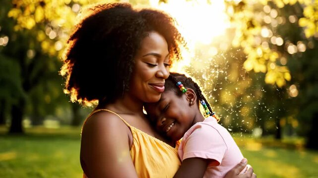 Joyful black mother hugging her young daughter affectionately outdoors in the warm, golden sunlight of a park