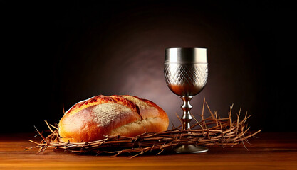 The Lord's Supper. Communion. Bread and cup of wine. Crown of thorns on the head. Commemoration of the death of Jesus Christ. Forgiveness and salvation.