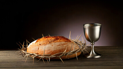 The Lord's Supper. Communion. Bread and cup of wine. Crown of thorns on the head. Commemoration of the death of Jesus Christ. Forgiveness and salvation.