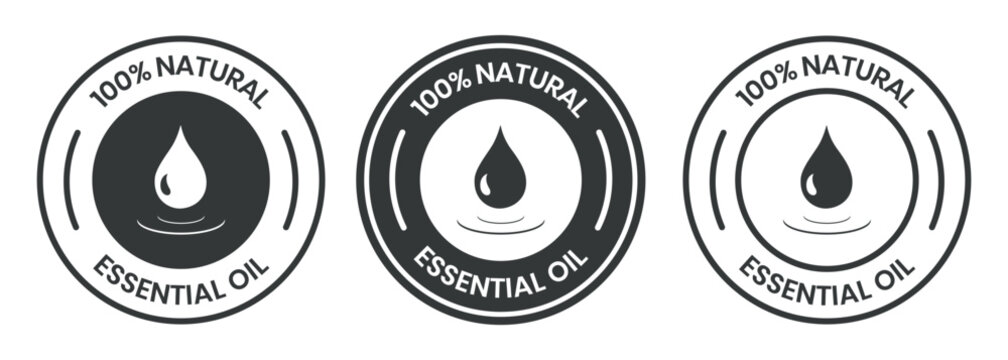 Essential oil drop icon for beauty and skincare natural product certificate label. Essential oils sticker logo for body lotion, cream and shampoo moisturizer, spa wellness fragrance.