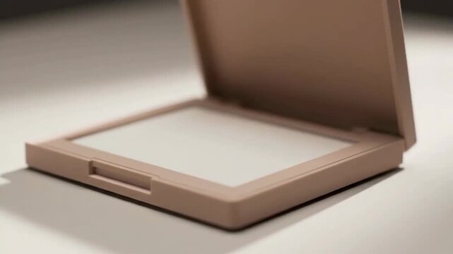 Close-up of a compact powder case opening, revealing the makeup inside, on a light surface.
