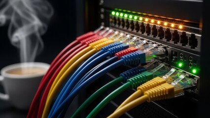 Colorful ethernet cables connected to network switch with LED status lights in server room data center infrastructure setup