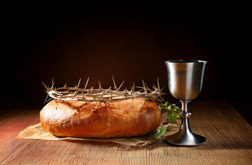 The Lord's Supper. Communion. Bread and cup of wine. Crown of thorns on the head. Commemoration of the death of Jesus Christ. Forgiveness and salvation.