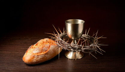 The Lord's Supper. Communion. Bread and cup of wine. Crown of thorns on the head. Commemoration of the death of Jesus Christ. Forgiveness and salvation.