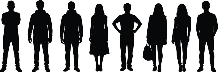 Diverse collection of professional business people silhouettes standing in a row for corporate teamwork and social community concepts.