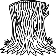 Obraz premium Tree stump with detailed wood grain lines and roots, black and white outline nature illustration