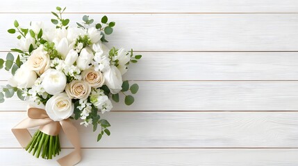 An elegant bridal bouquet featuring an assortment of fresh white and cream roses tulips and greenery artfully arranged and tied with a shimmering satin ribbon presented against a clean