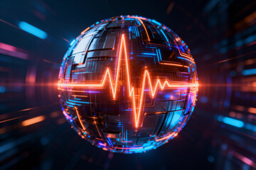 Digital Globe with Heartbeat and Circuit Patterns