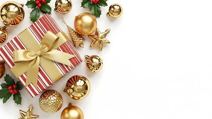 Christmas gift box surrounded by golden ornaments and holly leaves
