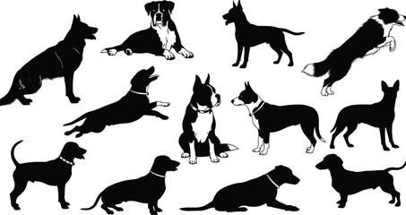 Set of Dog Silhouettes Representing Different Breeds in Various Poses, Jumping, Sitting, and Lying, Flat Vector Illustration, Pet Animals