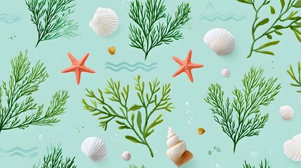 Decorative seamless pattern featuring a playful arrangement of marine elements like seaweed starfish and various seashells set against a serene light blue backdrop