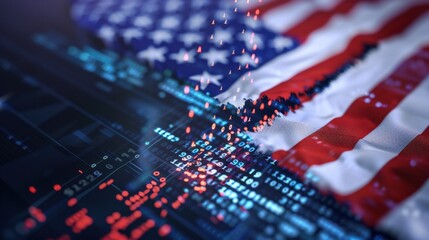 Abstract representation of digital data streaming over American flag, symbolizing technology and patriotism in modern America