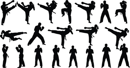 Set of Martial Arts Fighters Silhouettes in Dynamic Kicks and Punching Poses, Flat Vector Illustration, Karate and Taekwondo Practice Icons
