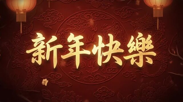 Cinematic Golden Calligraphy Motion Graphic Displaying &ldquo;新年快乐&rdquo; on a Red Patterned Background, Celebrating Chinese New Year with Elegance, Joy, Tradition, Prosperity, and Festive Cultural Vibes