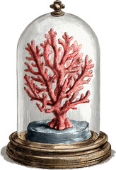 Vintage red coral under a glass dome, illustration isolated on white background