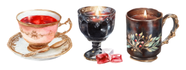 Vintage Dark Academia Café Scene with Dramatic Watercolor Hot Drink and Candlelight