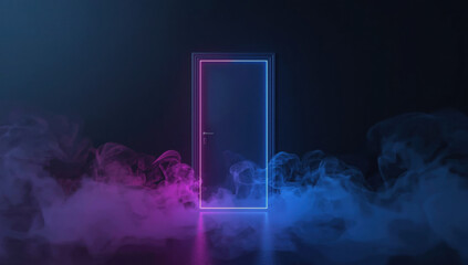 Futuristic neon door with pink blue light. Sci-fi corridor background with smoke. Modern minimal glowing frame in darkness.