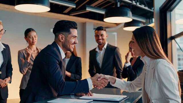 Young bank worker man shaking hand with client, recruit employee on interview or business partner after signing contract. Group of people satisfied with results of team work