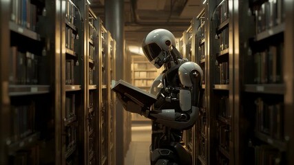 Humanoid robot reading book inside library aisle with shelves and warm light showing artificial intelligence learning and knowledge exploration