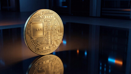 Gold Bitcoin cryptocurrency coin standing on edge with circuit board design. Digital finance and blockchain technology concept on dark reflective background