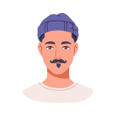 Young man in beanie hat, curled mustache, beard, face avatar. Modern style male character, head portrait. Trendy person with moustache. Flat vector illustration isolated on white background