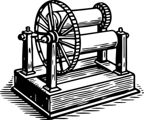 vintage hand crank machine with large wheel and wooden base in engraved retro illustration