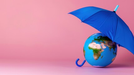 Blue Umbrella Protecting a Colorful Globe on a Soft Pink Background for Climate and Environmental Themes