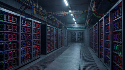 Interior of a blockchain data center with mining operations. Rows of server racks with colorful LED lights and cables. Cryptocurrency mining farm concept
