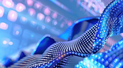 Abstract Digital Wave Blue Data Visualization with Keyboard Background and Binary Code Flowing in a Futuristic Setting