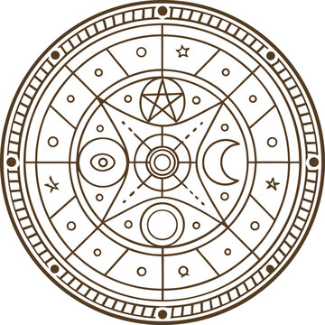 Mystic circular alchemy symbol with celestial moon sun star and occult geometric design