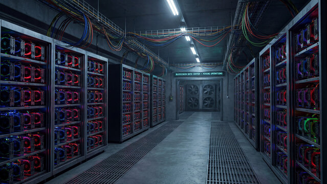 Interior of a blockchain data center with mining operations. Rows of server racks with colorful LED lights and cables. Cryptocurrency mining farm concept - Powered by Adobe