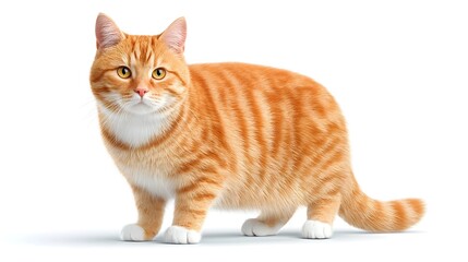 Obraz premium Studio portrait of an adorable fluffy orange tabby cat with white paws and chest standing alertly against a clean white backdrop showing distinctive stripes and a curious expression